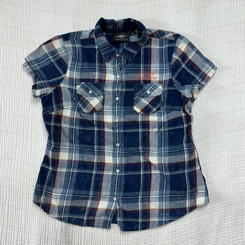 Harley Davidson Women's Large Short Sleeve Plaid Snap Button Down Shirt blue